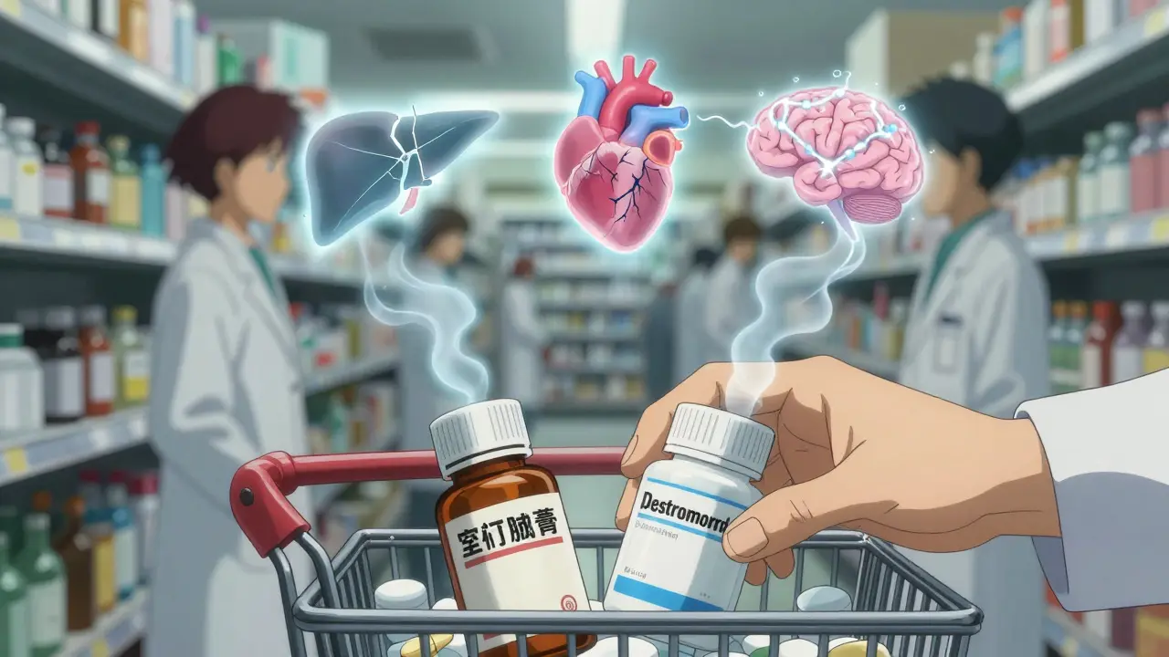 Two OTC medicine bottles releasing ghostly drug interaction warnings above a shopping cart.
