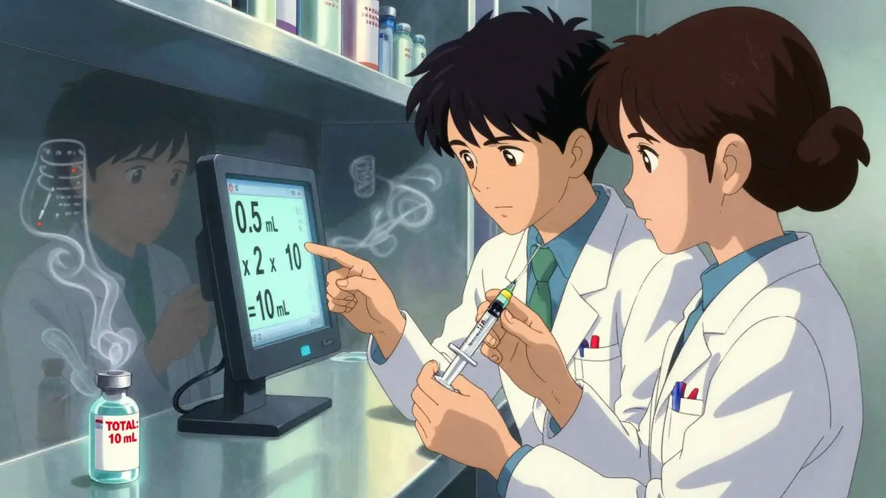 Two pharmacy workers verify a liquid medication dose using an oral syringe and labeled bottle under soft lighting.