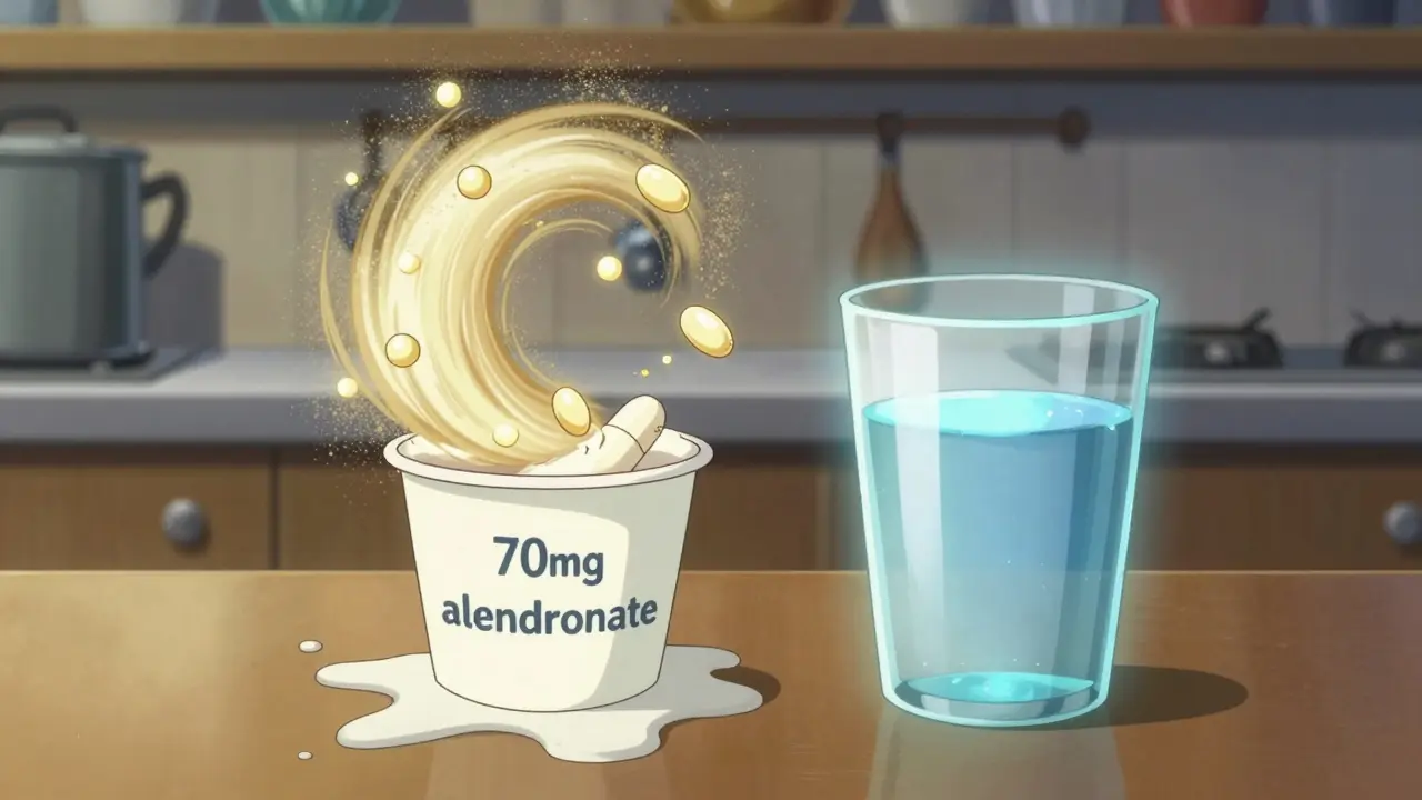 A bisphosphonate tablet dissolving as calcium ions from yogurt swirl around it, with a glowing water glass beside it.