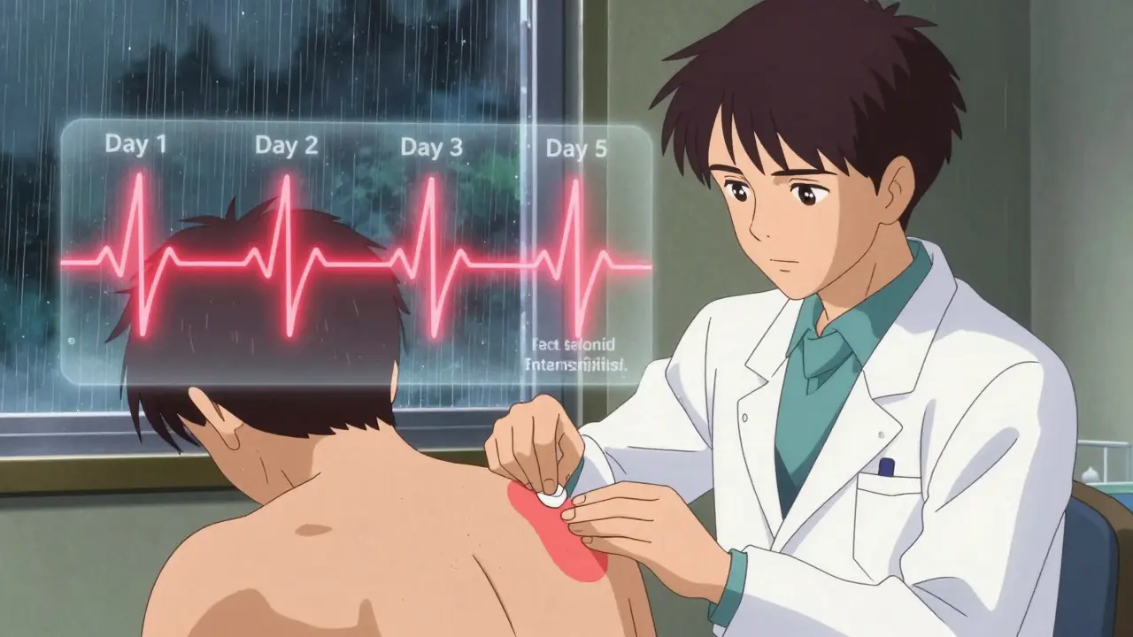 A dermatologist removing patch test strips while a glowing timeline of test days unfolds behind them in soft anime style.