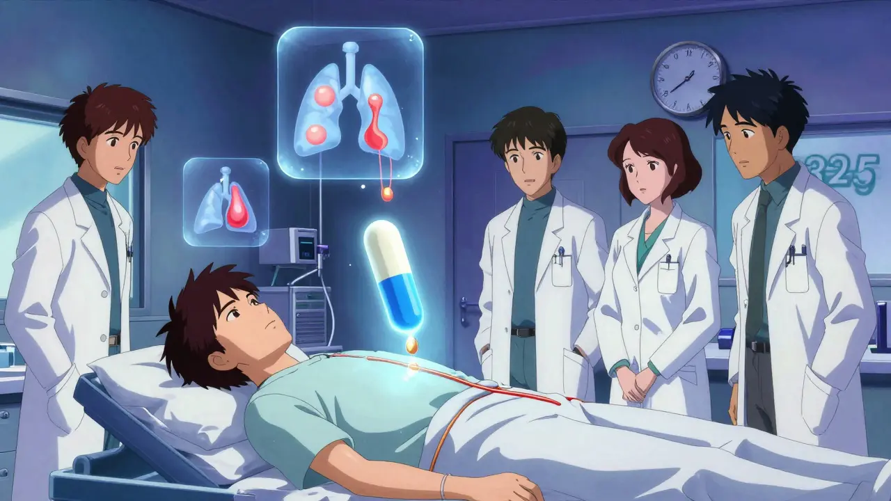 A medical procedure scene where aspirin dissolves in a patient's bloodstream, shrinking polyps and reopening airways with glowing icons.