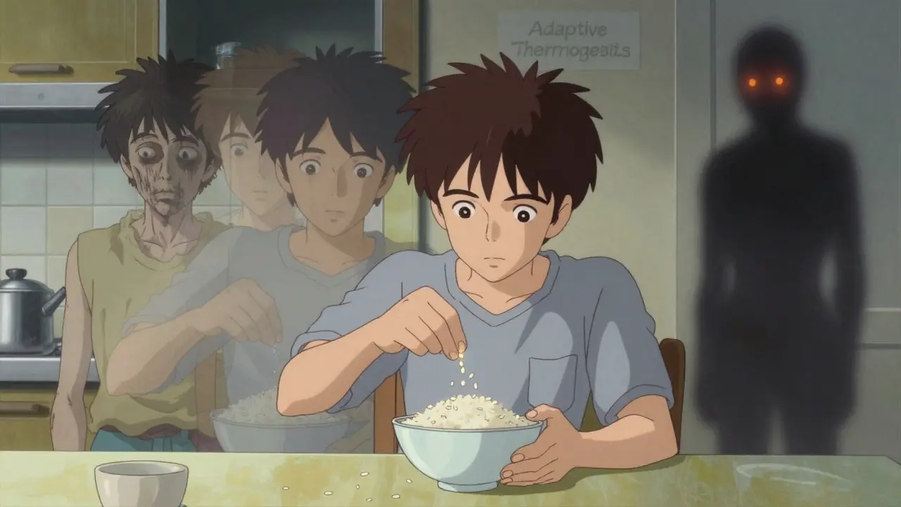 A person adds glowing rice grains to a bowl while ghostly versions of their past self overlap behind them.