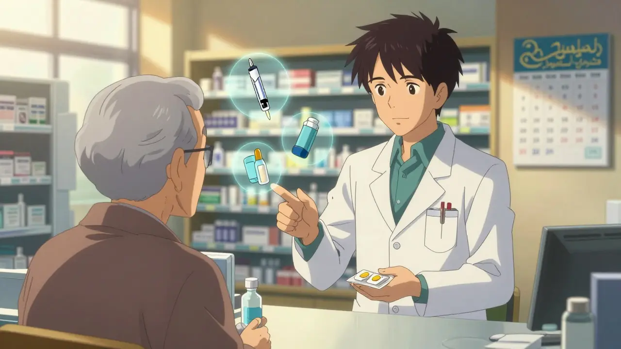 A pharmacist guiding a patient through Ramadan medication timing, with floating icons of non-oral treatments around them.