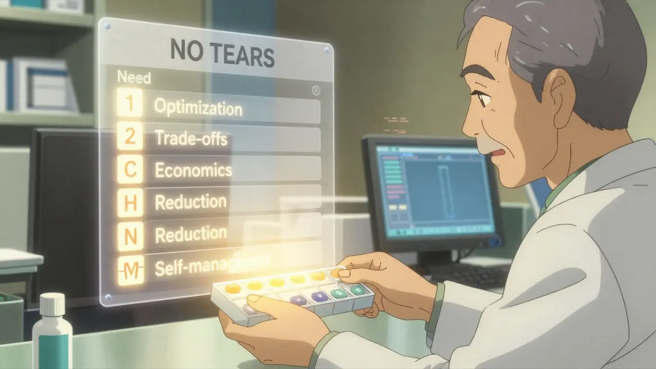 A pharmacist handing a medication organizer to an older man, with a glowing NO TEARS checklist floating softly in the background.