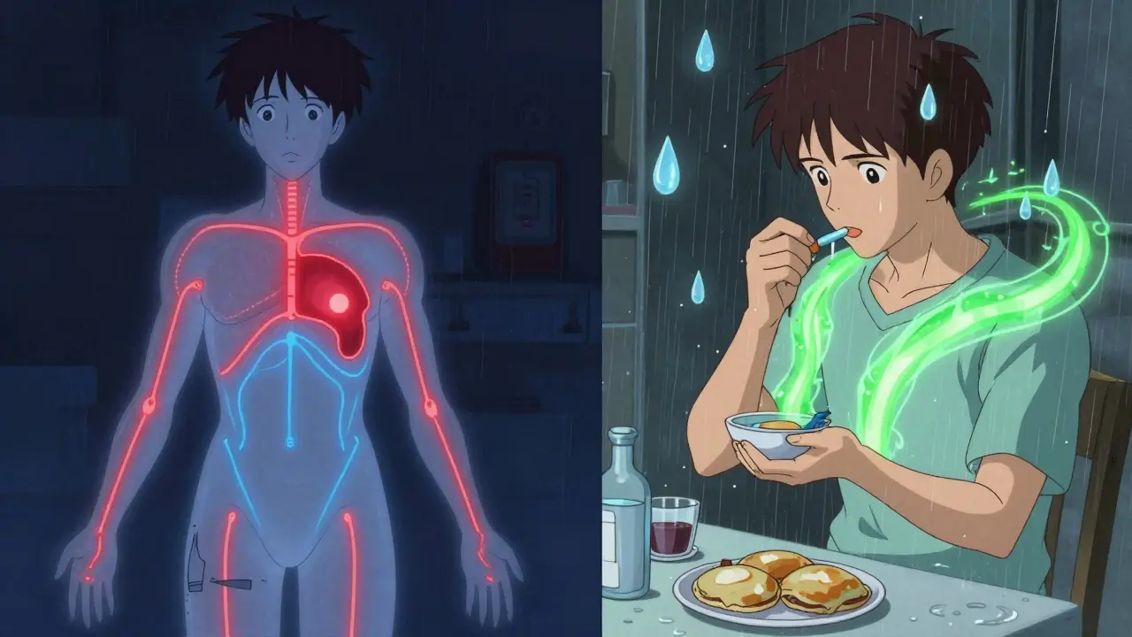 A surreal medical visualization showing blood sugar instability during fasting versus safe dosing at Iftar and Suhoor.