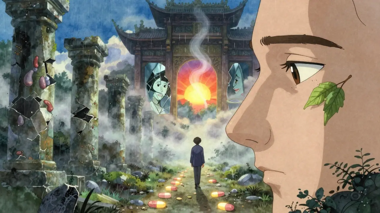 A symbolic landscape of sinuses as a temple, with daily aspirin tablets guiding a path to restored sense of smell and renewal.