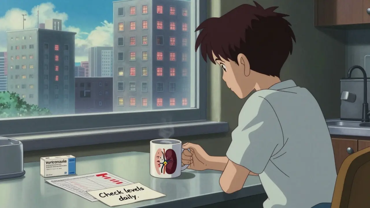 A transplant patient sees their failing kidney reflected in a coffee mug, surrounded by medical warnings in a haunting urban landscape.
