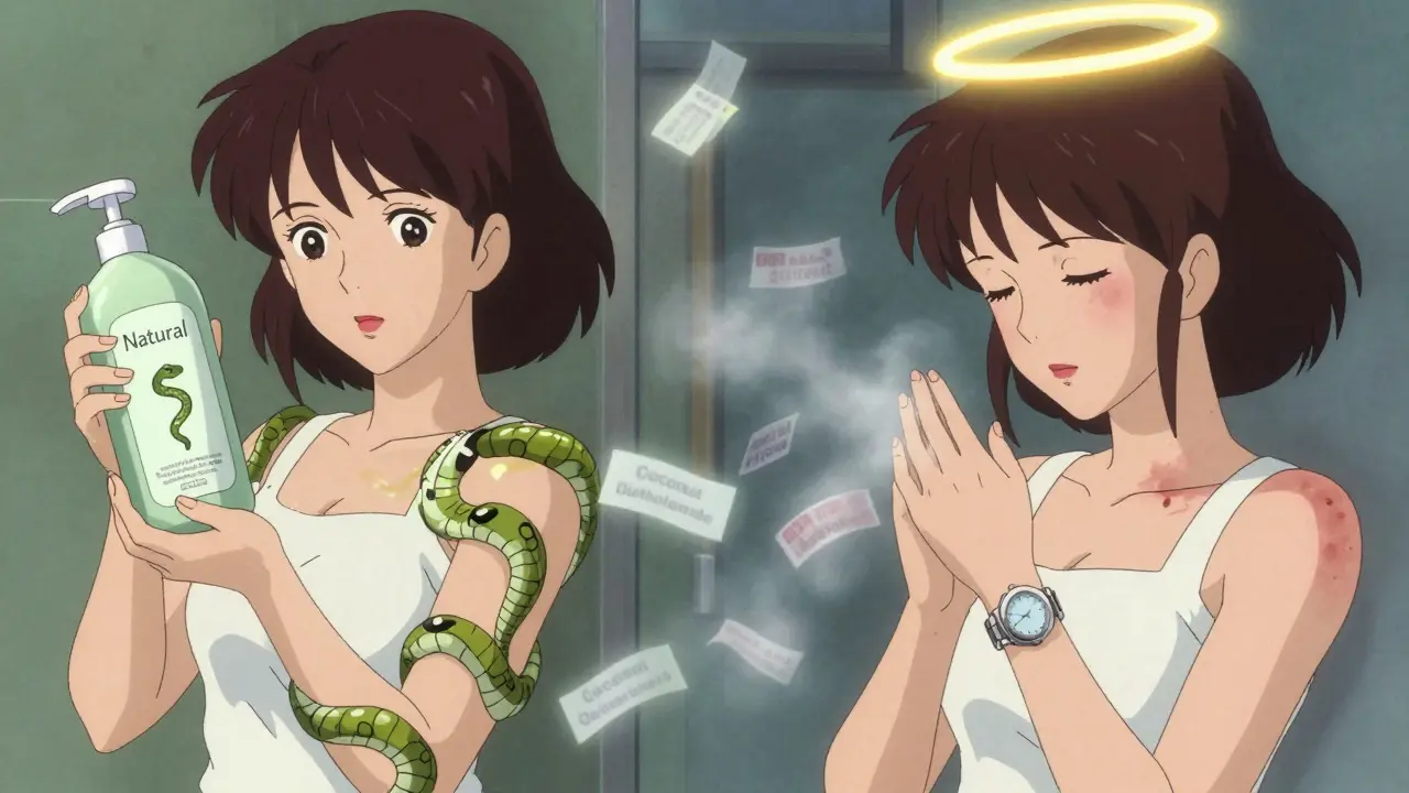 A woman's hand touching a titanium watch as chemical allergens dissolve into mist, symbolizing relief from contact dermatitis.