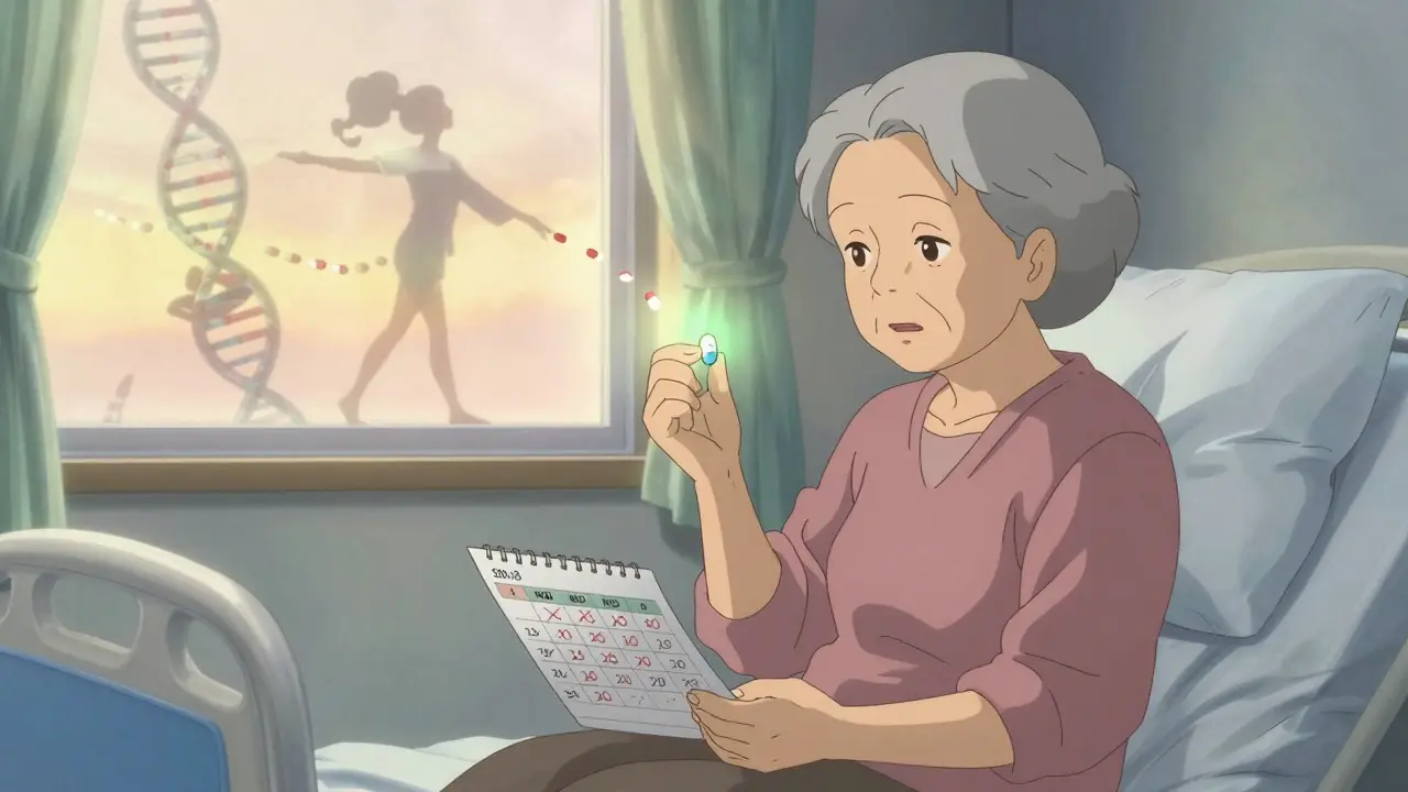 An elderly woman at dawn holding acetaminophen as physical therapy movements appear behind her in translucent form.