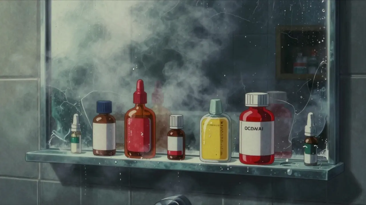 Bathroom shelf with medicine bottles obscured by thick steam