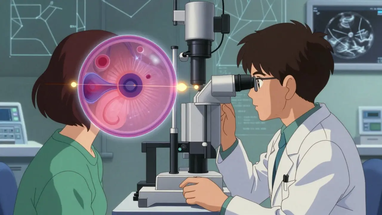 Doctor examining eye with floating holographic retina scan