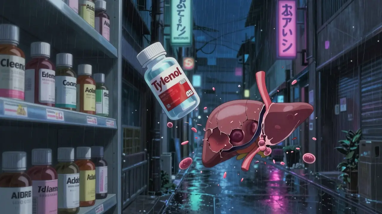 Floating medicine bottles on a rainy alley shelf, one breaking into liver cells, the other into stomach fragments.