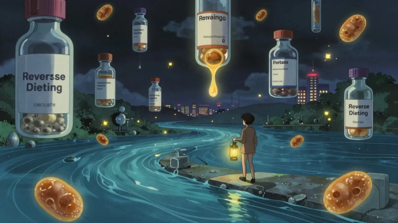 Floating vials of hormones drip into a river as a figure walks with a lantern, glowing fat cells rising like fireflies.