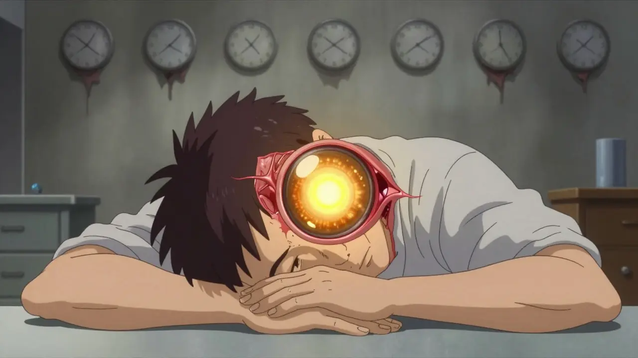 Patient face-down recovering with glowing gas bubble in eye