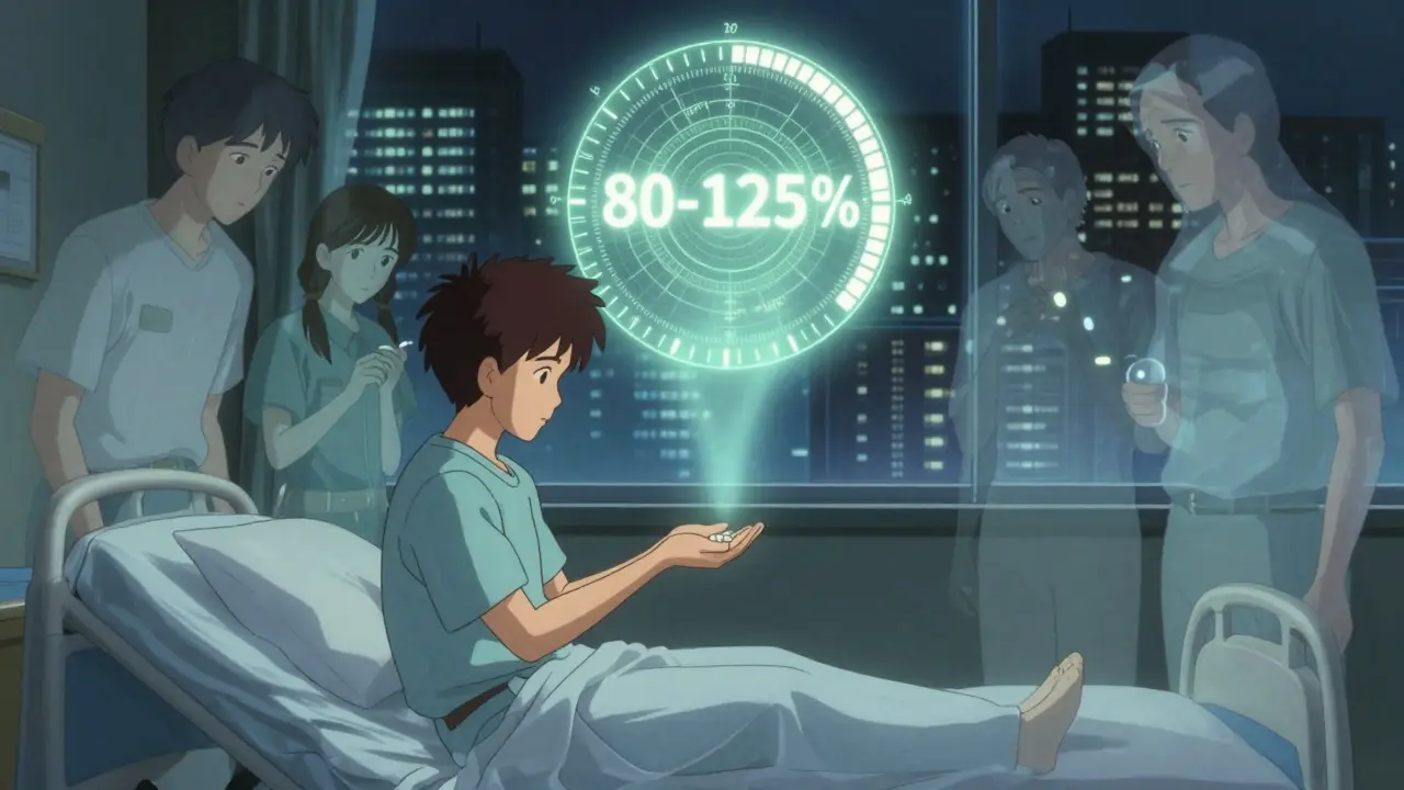 Patient holds a pill as ghostly versions of themselves experience different generics, with a glowing 80-125% range above.
