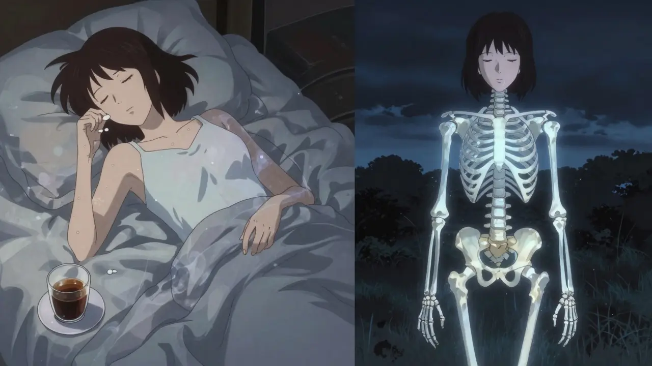 Split scene: one side shows bone decay from improper dosing, the other shows healing with correct administration.