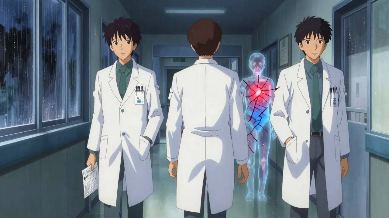 Three doctors walking apart in a hospital hallway as a fractured elderly patient glows with warning cracks behind them.