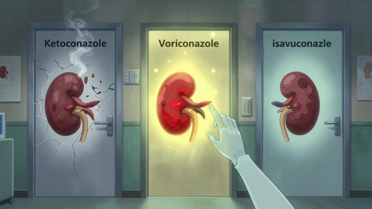 Three doors representing antifungals, each affecting a patient's kidney differently, with a nurse hesitating between choices.