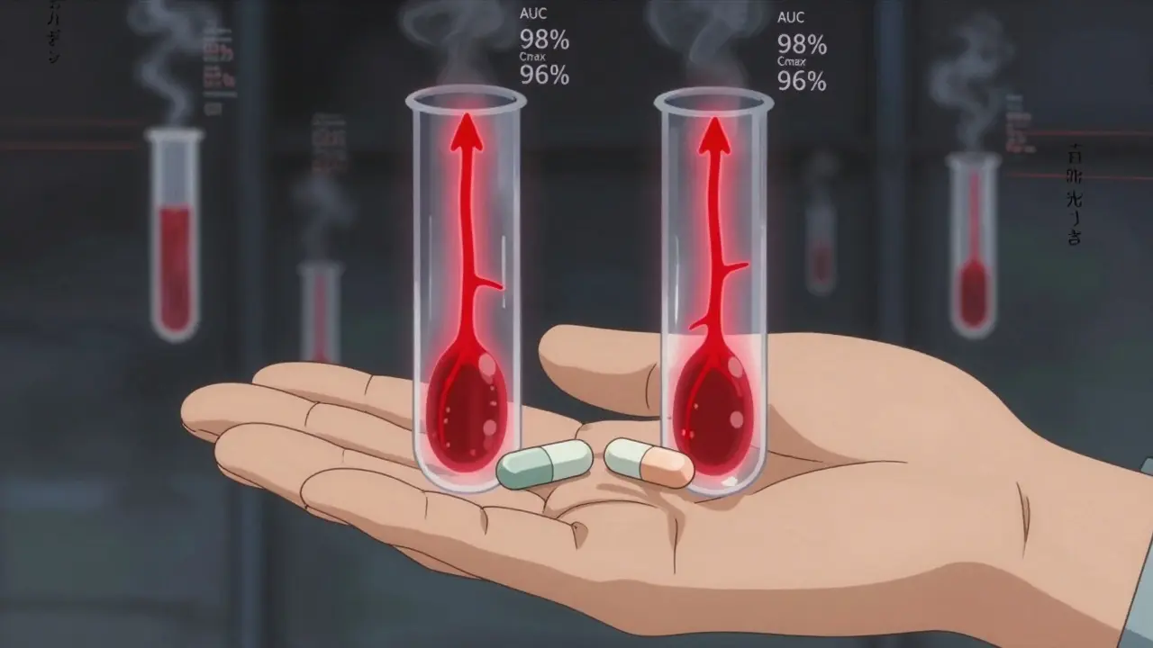 Transparent human hand shows identical drug concentration peaks in blood vessels for generic and brand pills.