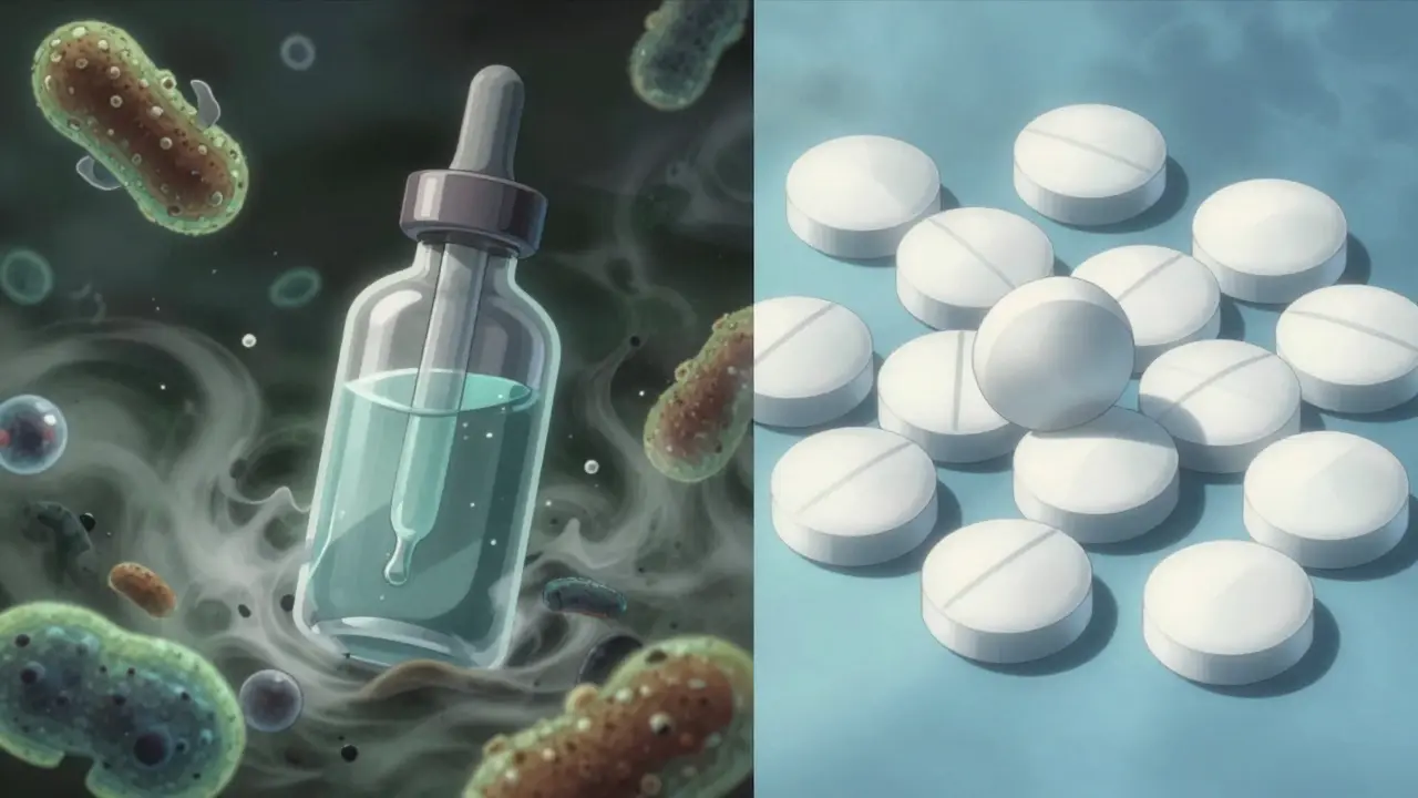 Visual comparison showing liquid medicine destabilizing next to pills