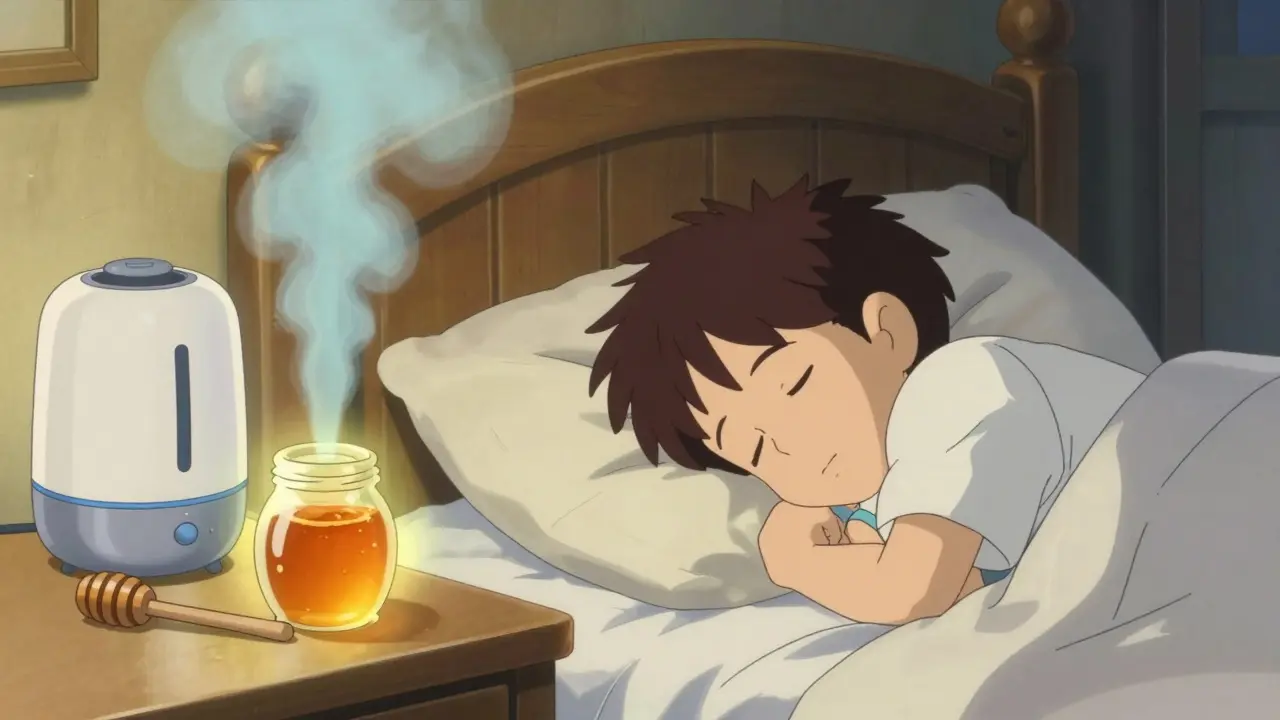 A resting child with a jar of honey and a cool-mist humidifier in a warm, peaceful room.