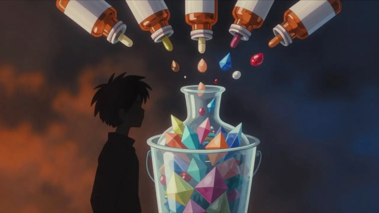 A silhouette of a person with a translucent chest filling with chemical crystals.