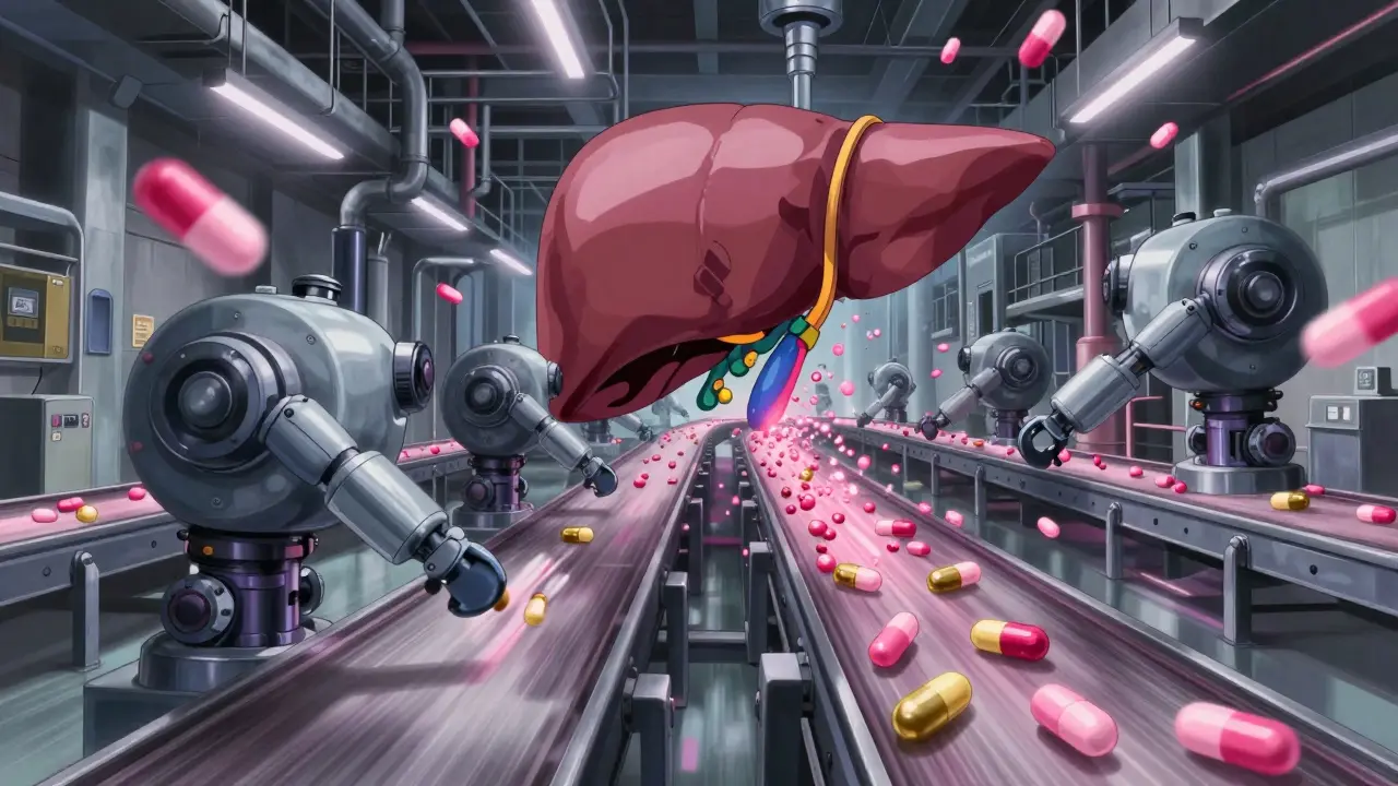 A surreal industrial factory representing a liver rapidly breaking down hormones.