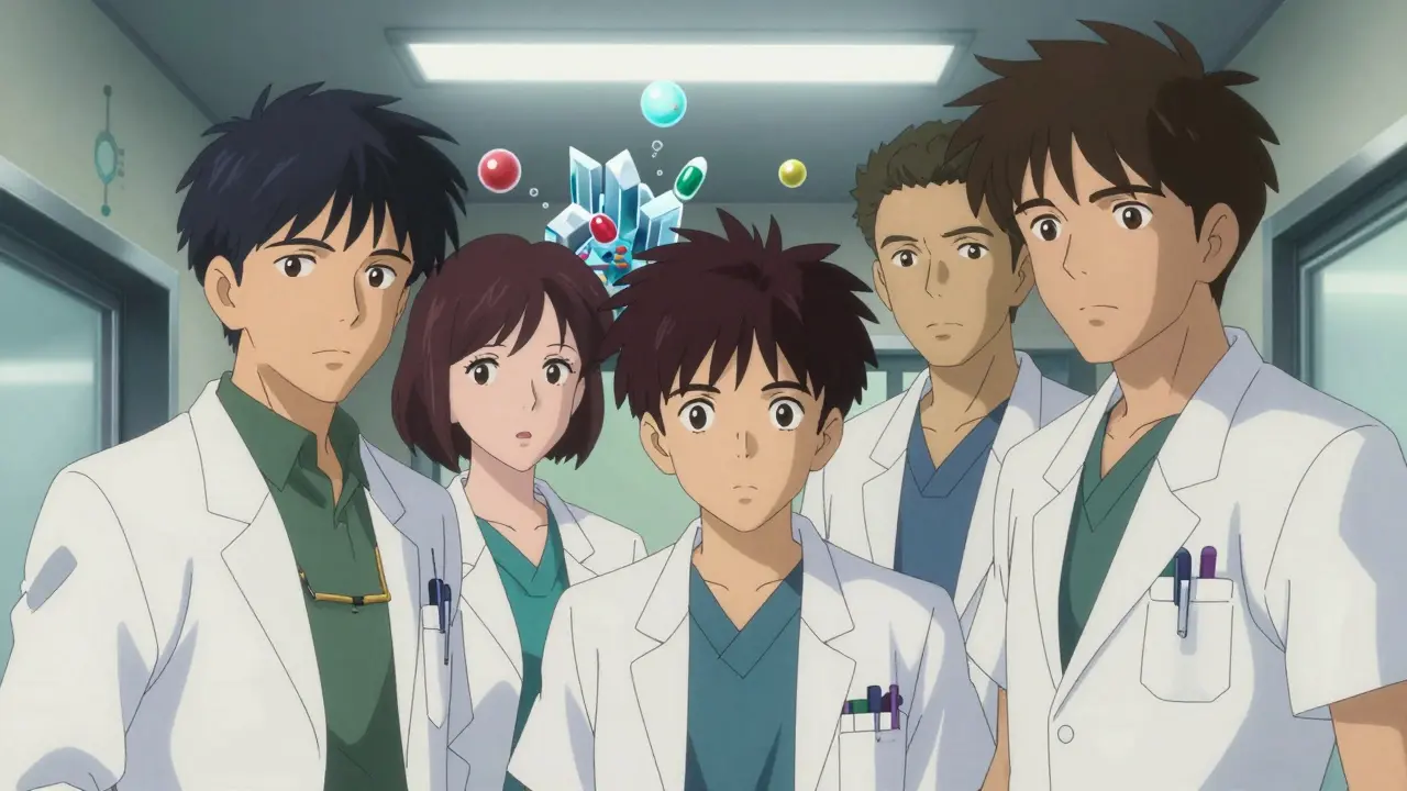 A team of diverse medical specialists collaborating in a high-tech hospital setting.