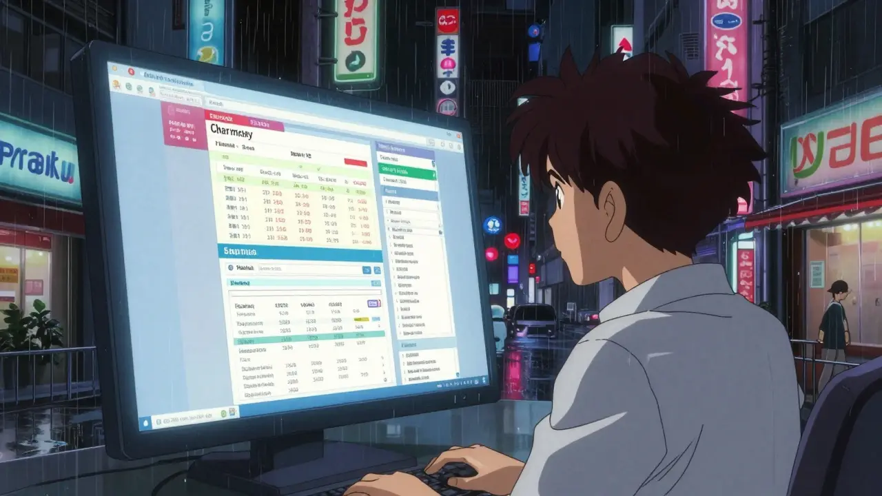 Character searching for medication on a glowing screen with floating neon pharmacy signs