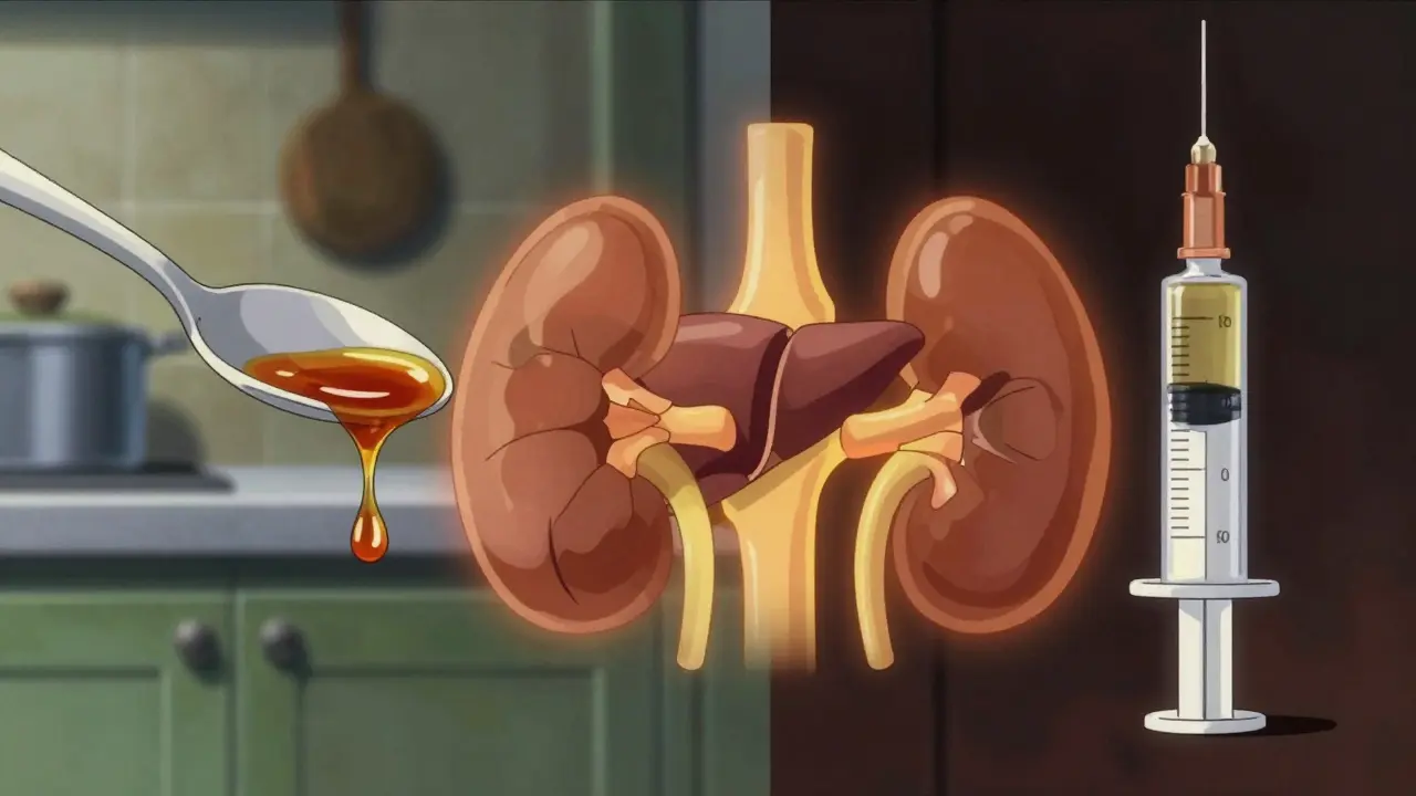 Comparison of a kitchen spoon and a medical syringe with a stylized internal organ graphic.