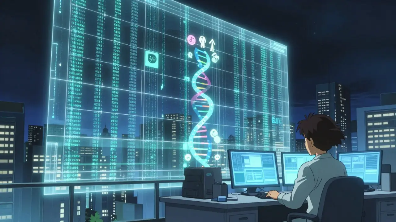 Digital data grid overlaying a city with an analyst monitoring electronic health records.