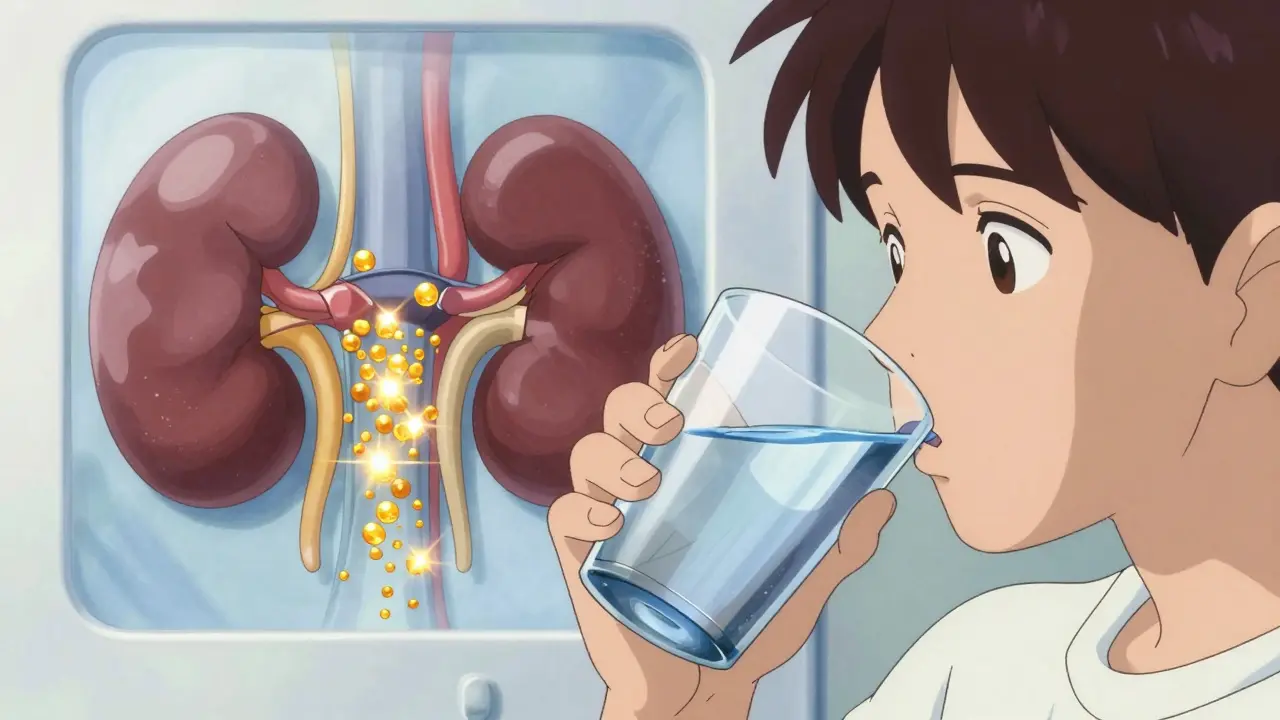 Person drinking water with a stylized visualization of kidneys filtering glucose