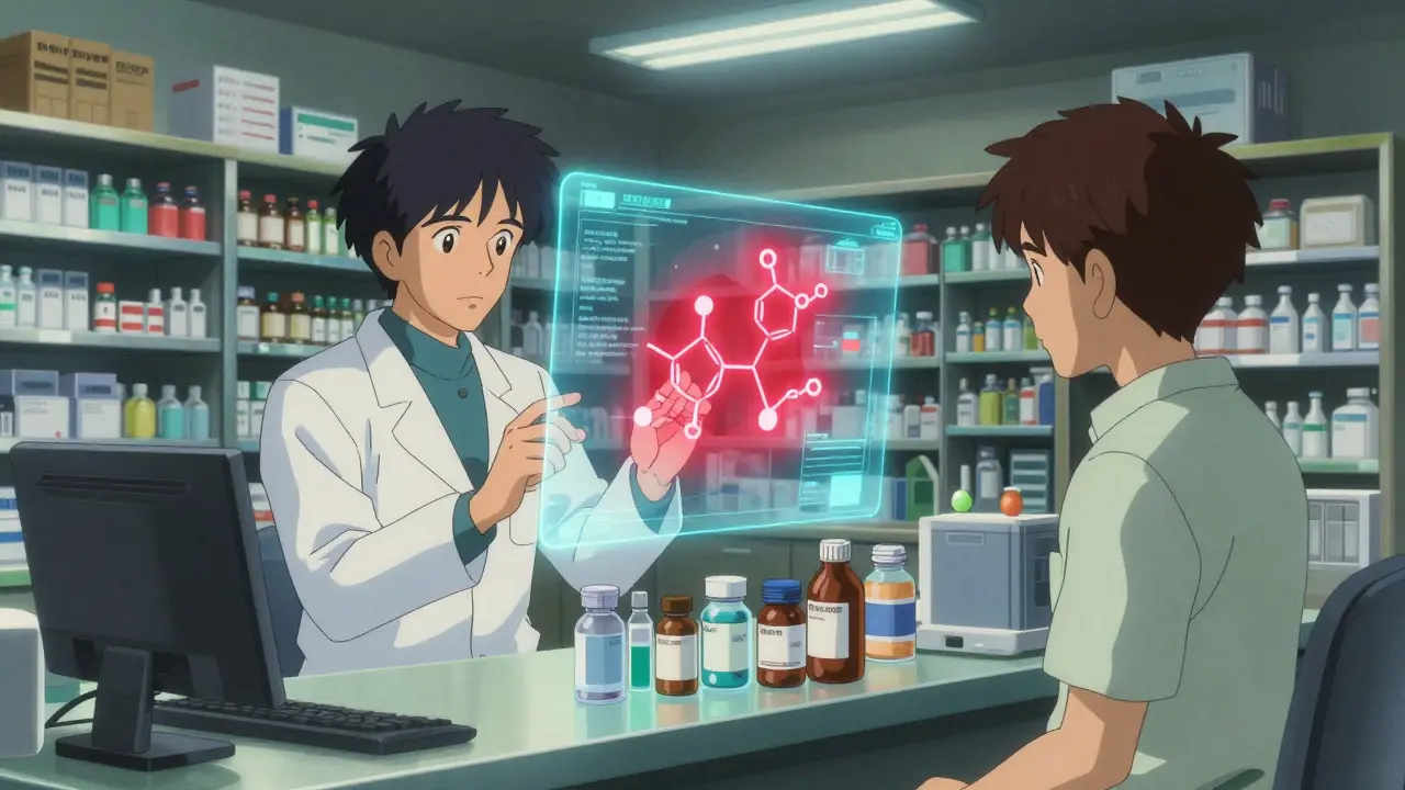 Pharmacist and patient reviewing medication ingredients via a glowing holographic scan.