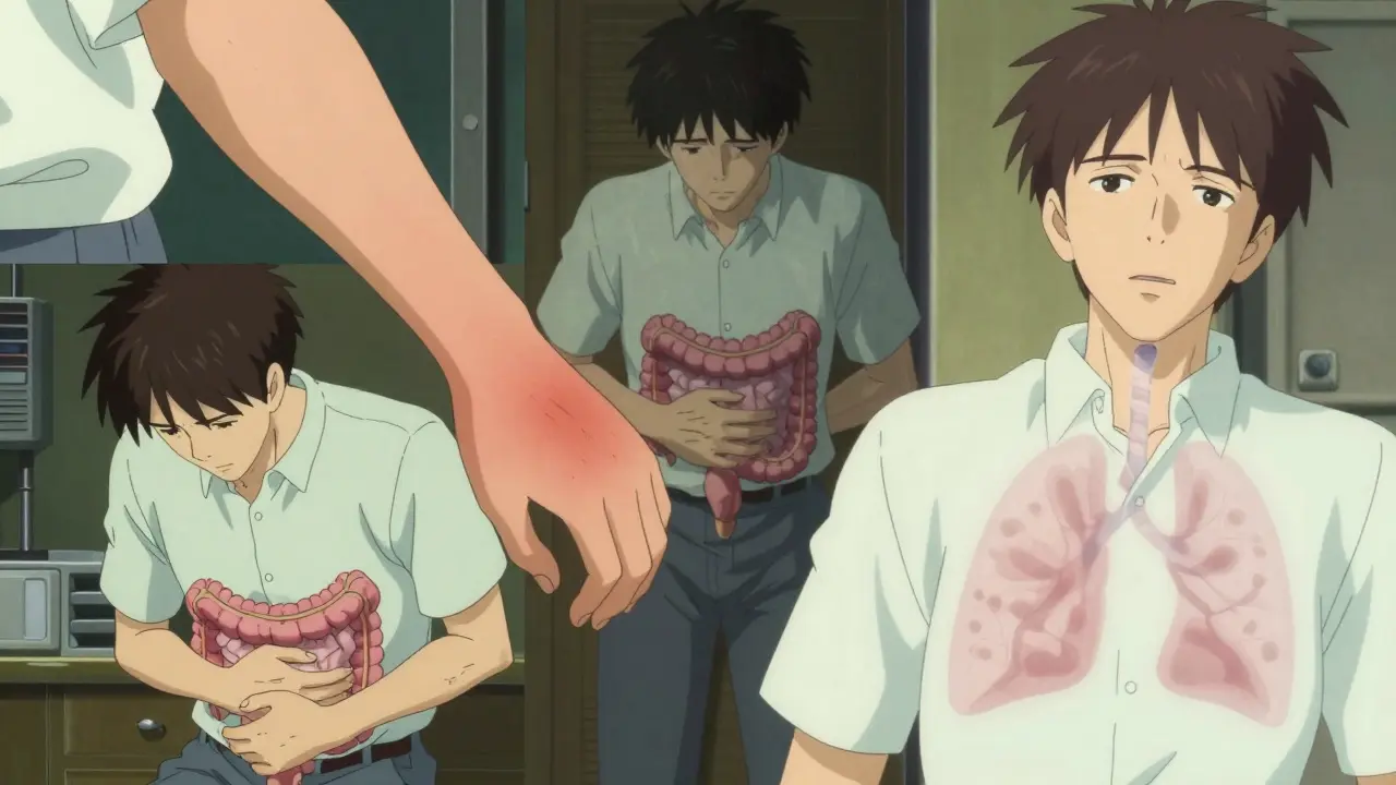 Split-panel anime illustration showing symptoms of skin rash, colitis, and lung inflammation.