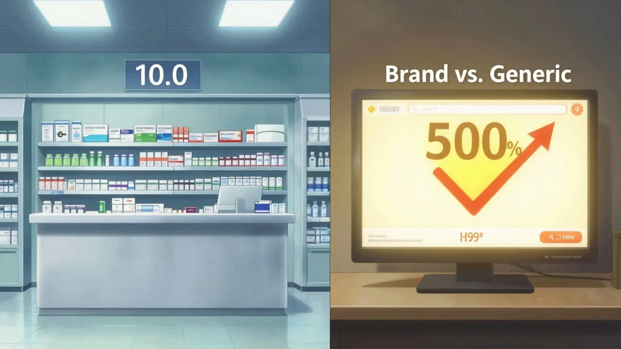 Split-screen comparison of an expensive pharmacy and a cheap online discount tool.