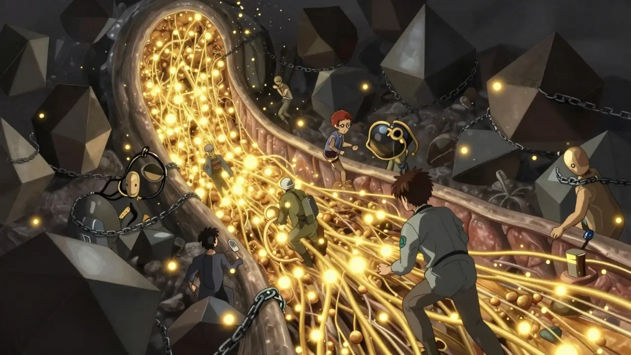 Surreal anime depiction of neurotransmitters flooding a synapse while enzymes are blocked.