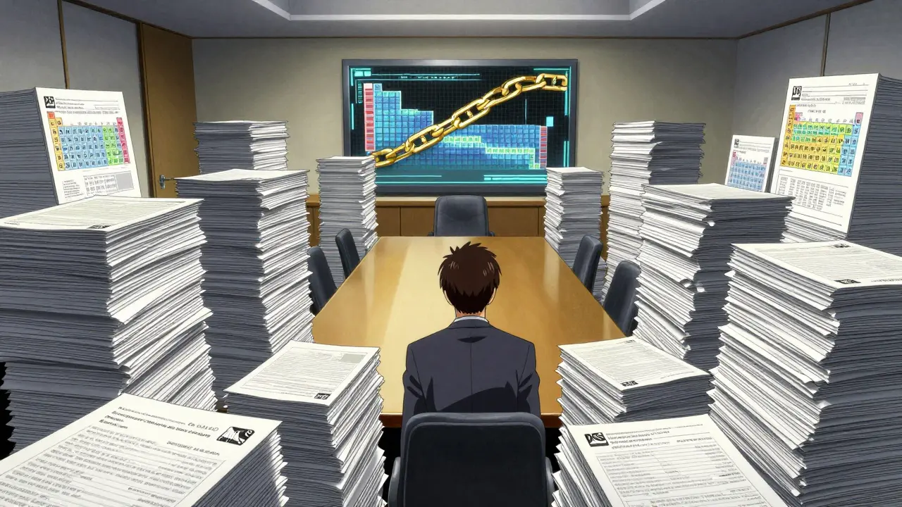 Surreal boardroom with towering report stacks and a digital blockchain ribbon.