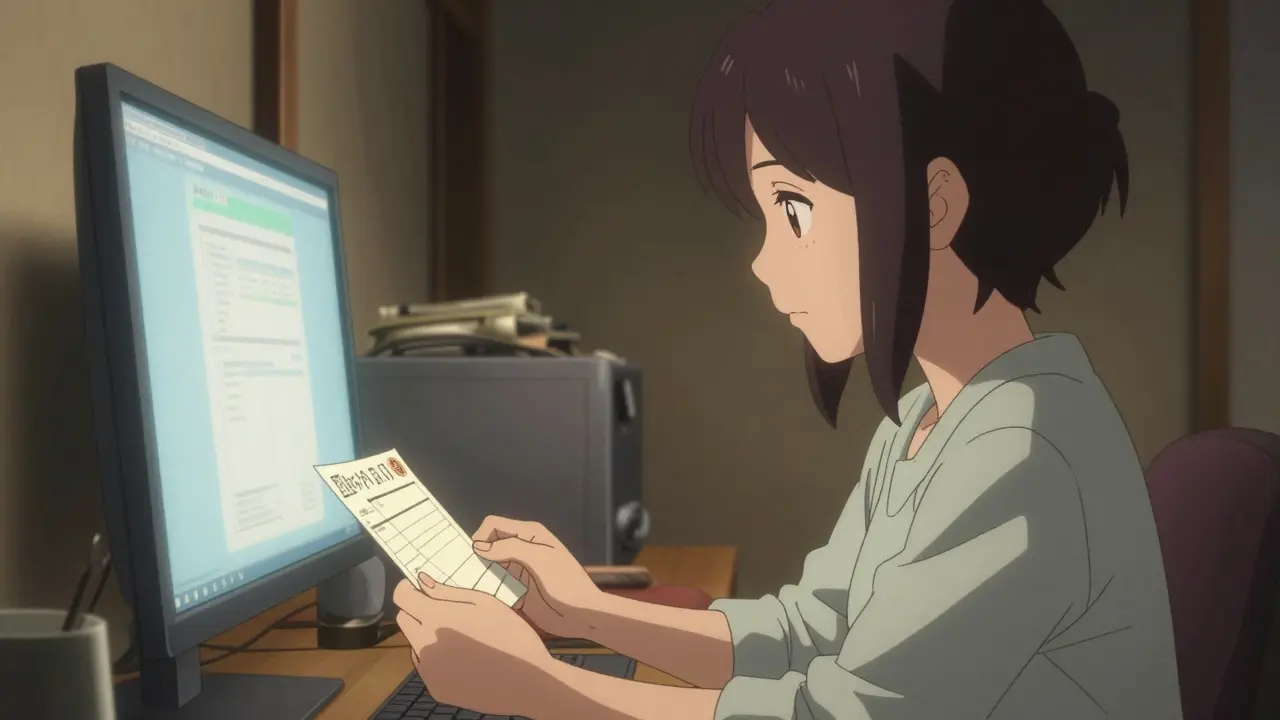 Woman calmly verifying a safe online pharmacy on her computer at home.