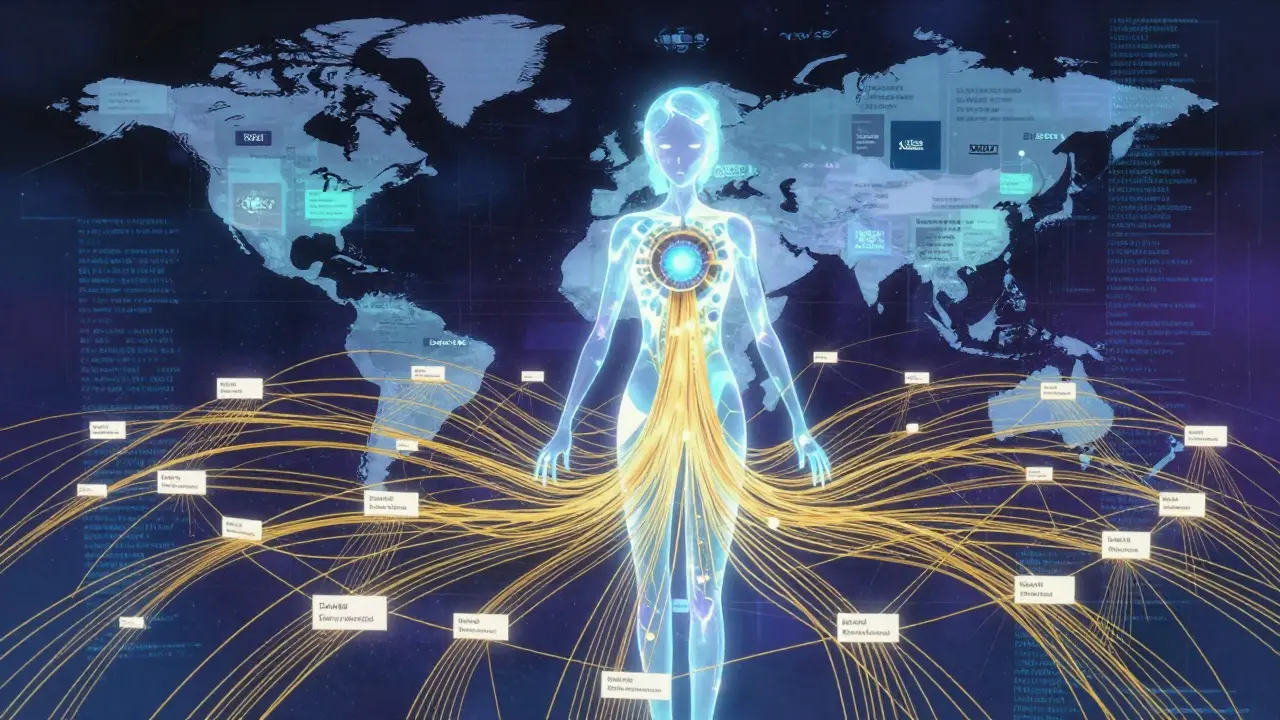 Abstract visualization of AI analyzing millions of medication side effects