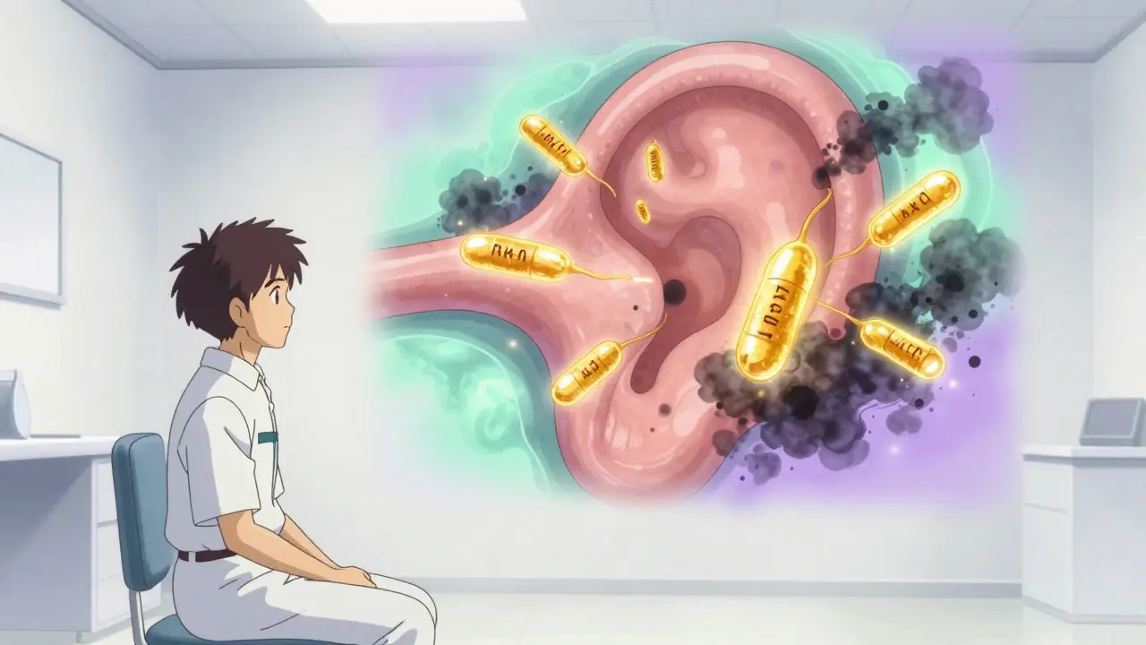 Anime depiction of healing antibodies neutralizing inflammation in a stylized inner ear.