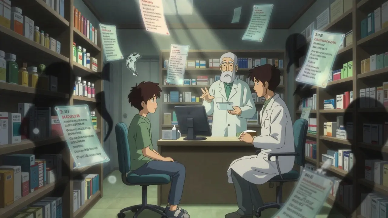 Anime patient consulting a pharmacist in a surreal, shifting pharmacy