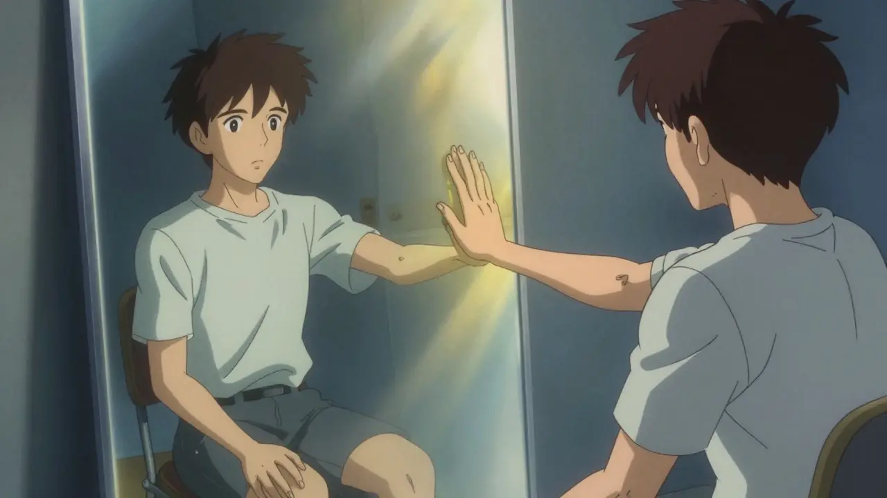 Anime scene of mirror therapy where a reflection creates an illusion of smooth movement for pain relief.
