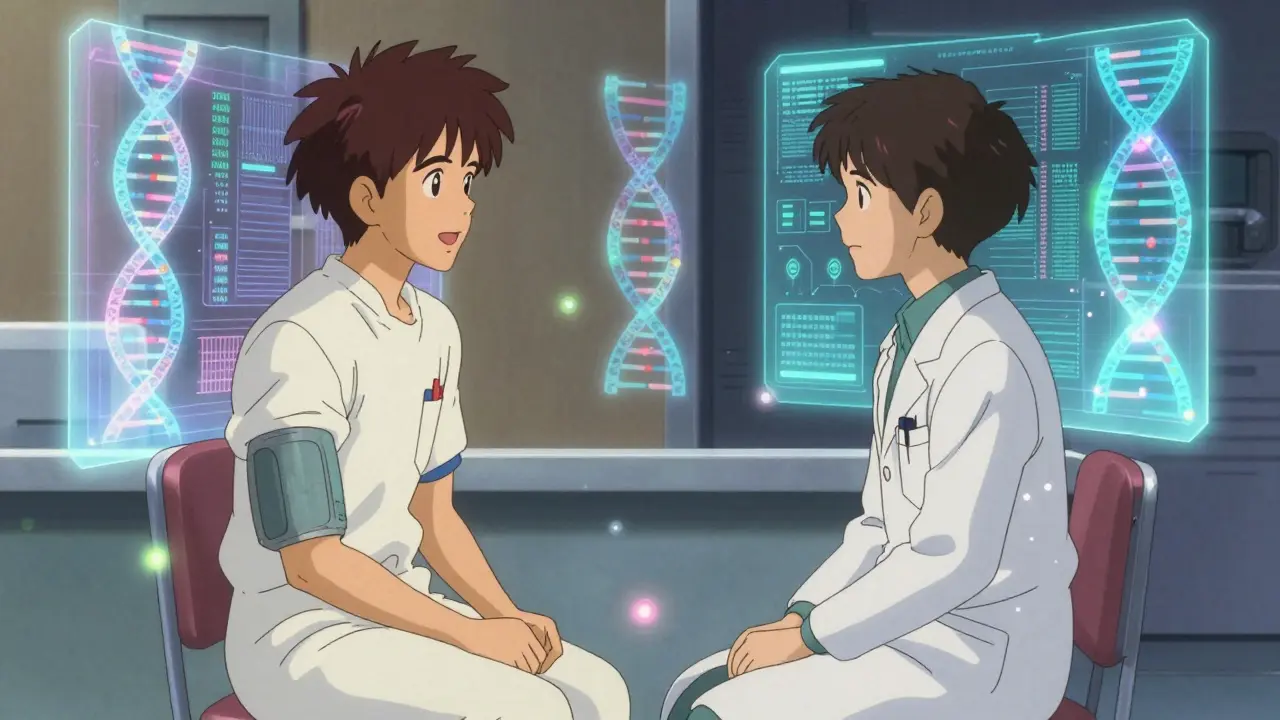 Doctor and patient surrounded by floating DNA and AI data visuals.