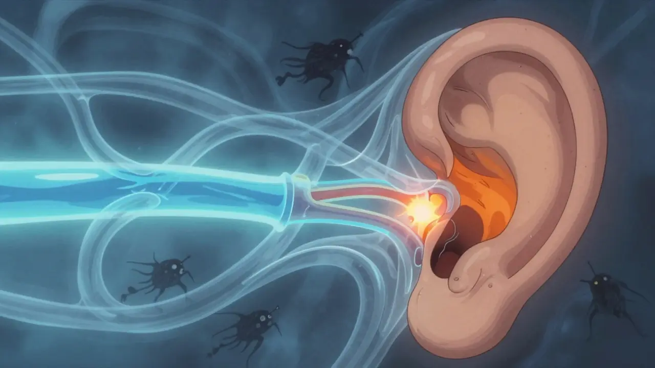 Dreamlike cross-section of an inner ear showing swollen fluid sacs and attacking immune cells.