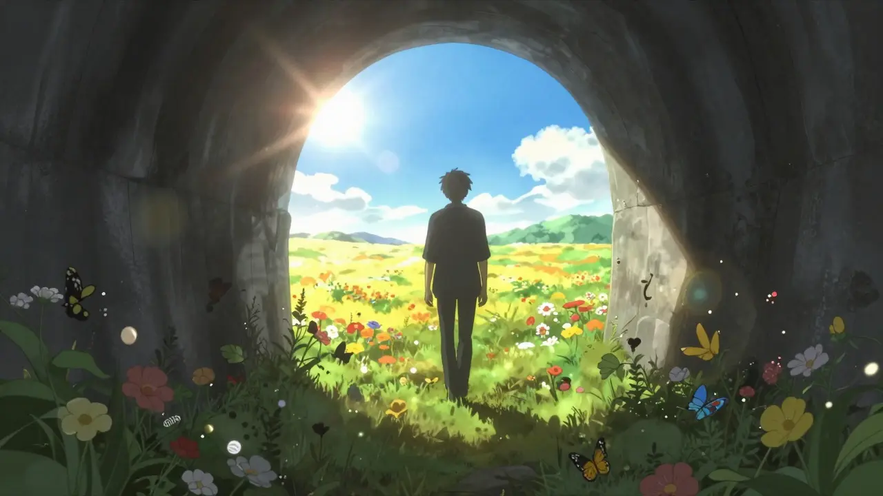 Hopeful anime scene of patient walking out of dark tunnel into bright sunny field