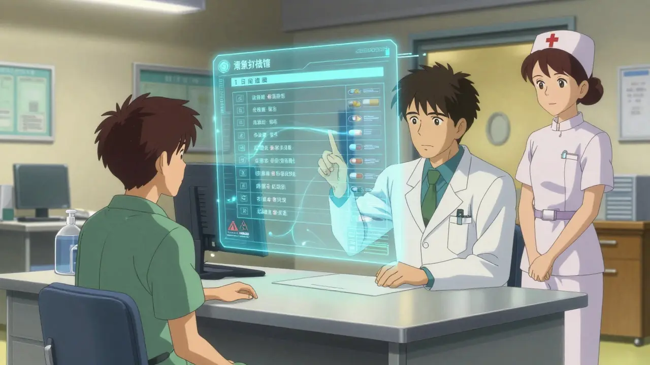 Medical team reviewing patient history with holographic checklist