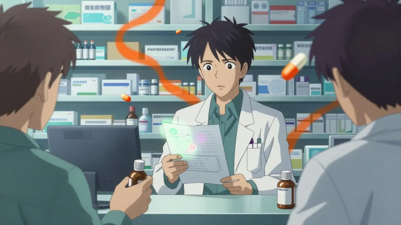 Pharmacist reviewing prescriptions while patient reaches for cold medicine.