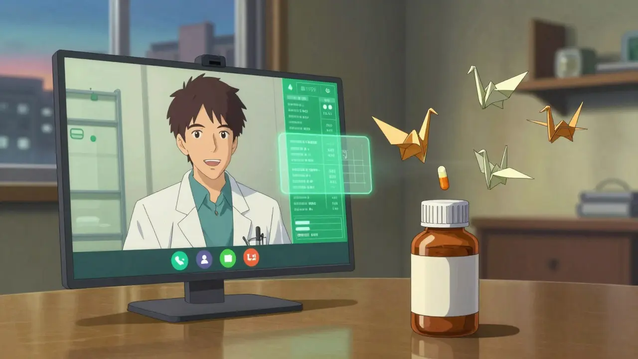 Split-screen anime art showing telemedicine consultation and medication transforming into flying origami.