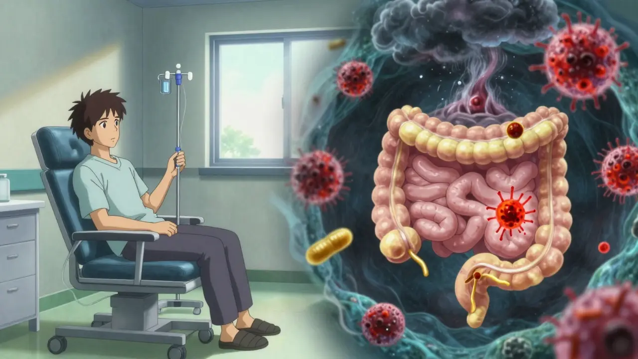 Split screen showing clinic infusion and microscopic protection of intestinal cells