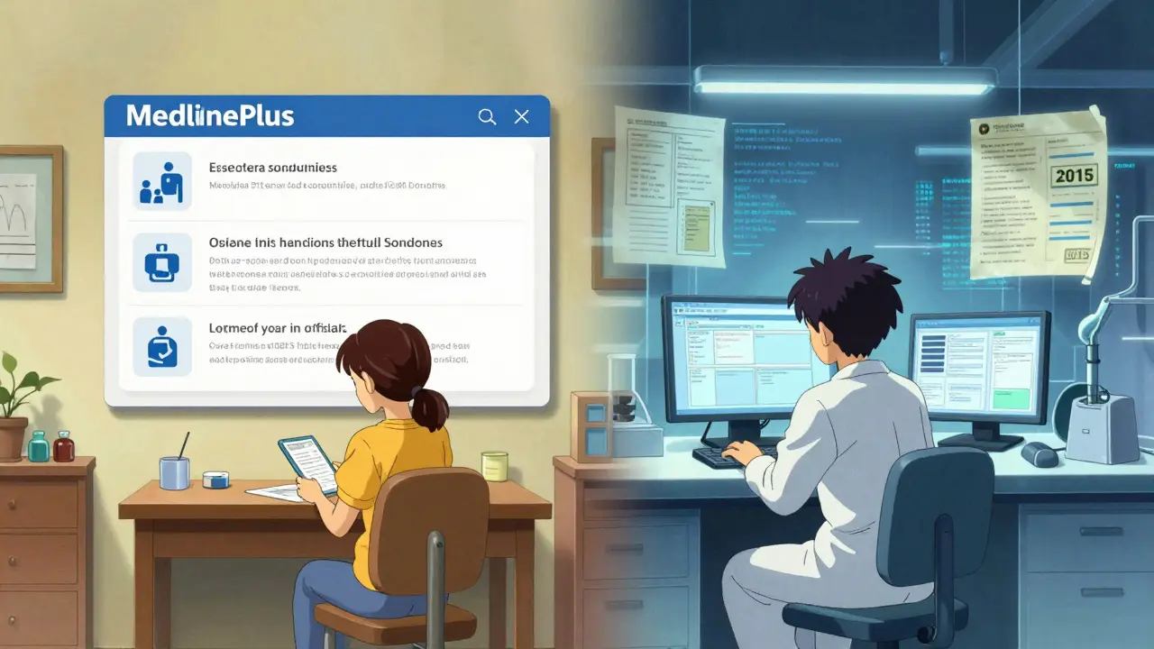 Split view comparing simple patient guides with complex research databases